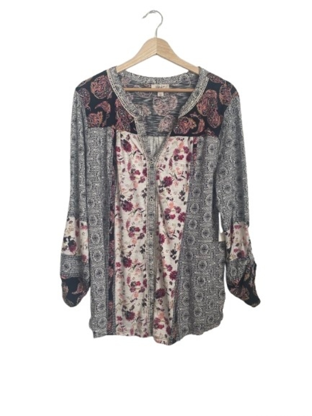 Style & Co Pink Boho Floral Patchwork Roll Tab Button Blouse NWT XL